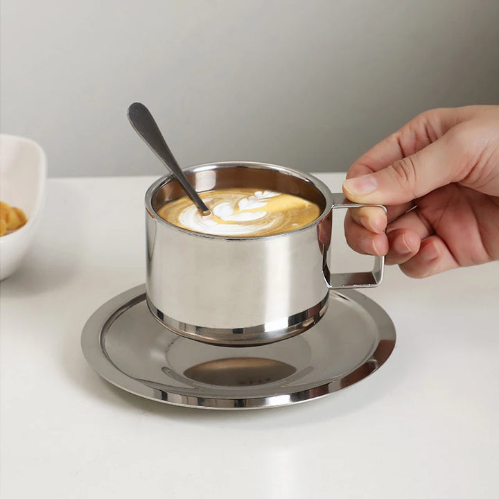 3pc Stainless Steel Double Wall Coffee Mugs, Tray, Spoon