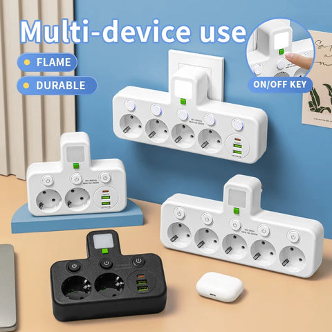 EU Plug 5 Sockets Power Strip with USB-C Ports