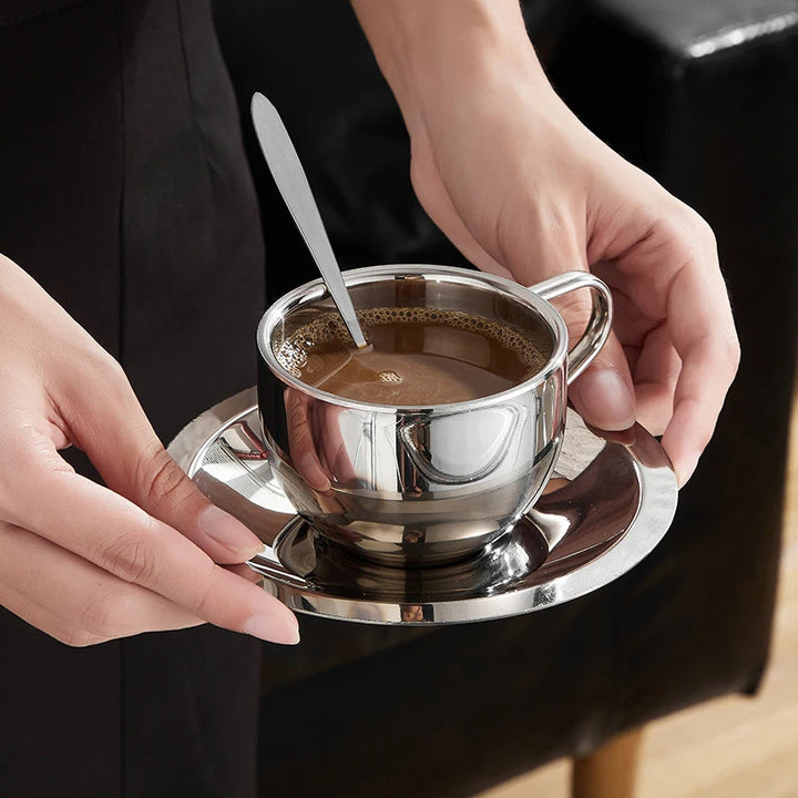 3pc Stainless Steel Double Wall Coffee Mugs, Tray, Spoon