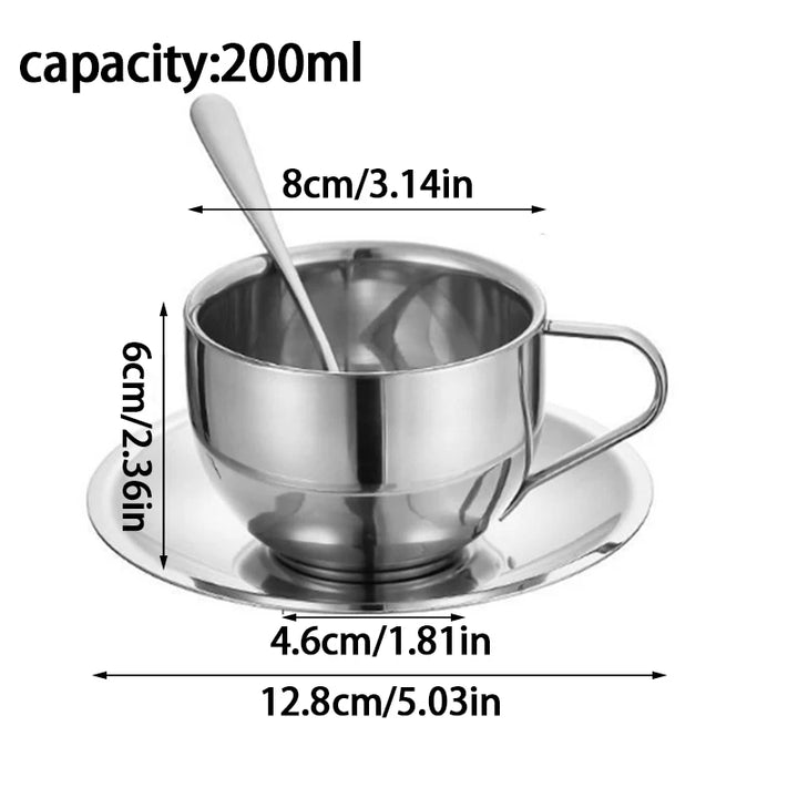 3pc Stainless Steel Double Wall Coffee Mugs, Tray, Spoon