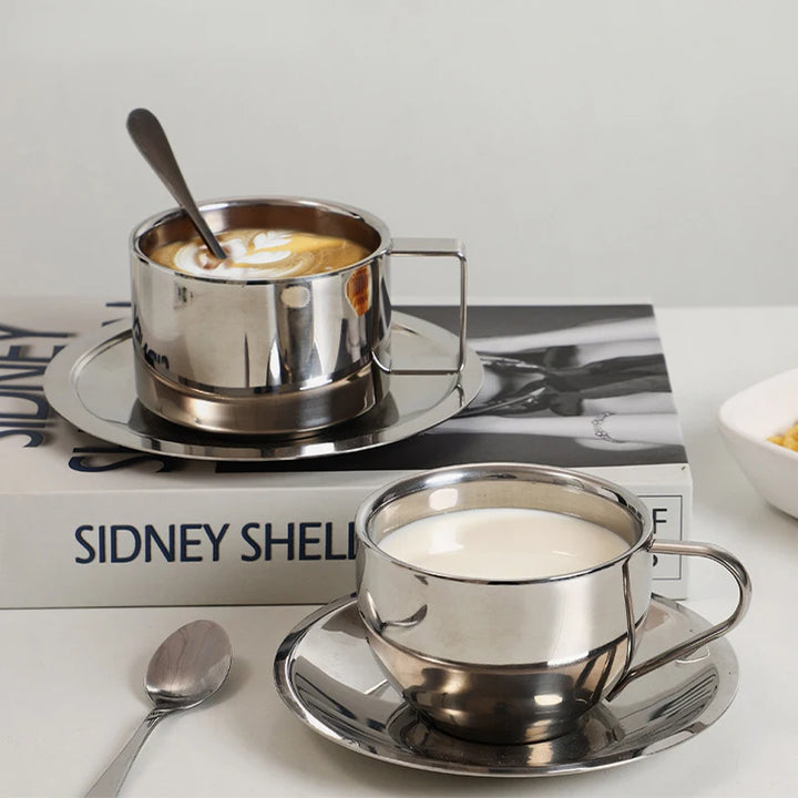 3pc Stainless Steel Double Wall Coffee Mugs, Tray, Spoon