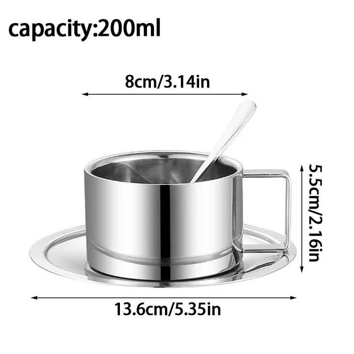 3pc Stainless Steel Double Wall Coffee Mugs, Tray, Spoon