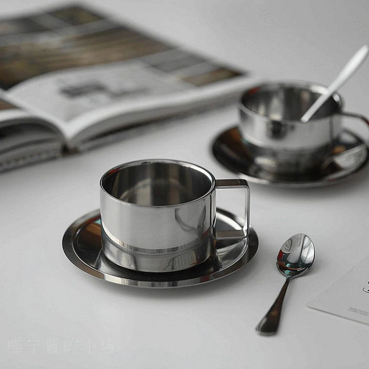 3pc Stainless Steel Double Wall Coffee Mugs, Tray, Spoon