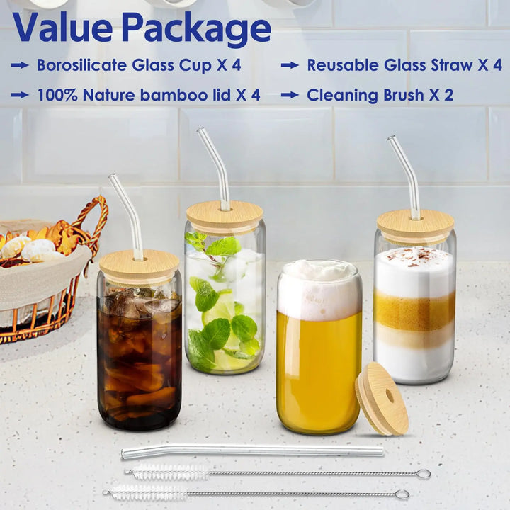 400ML Glass Cup with Wooden Lid and Straw