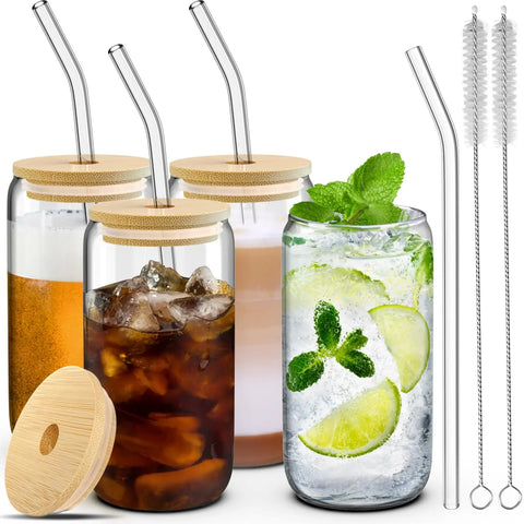 400ML Glass Cup with Wooden Lid and Straw