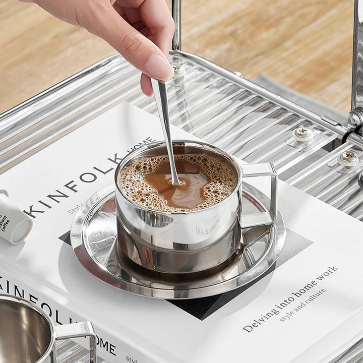 3pc Stainless Steel Double Wall Coffee Mugs, Tray, Spoon