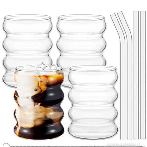 Piece Ribbed Glass Cups with Straws