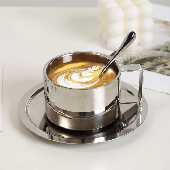 3pc Stainless Steel Double Wall Coffee Mugs, Tray, Spoon