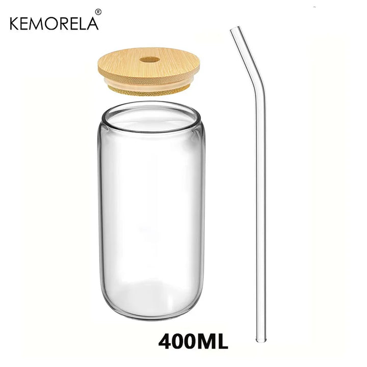 400ML Glass Cup with Wooden Lid and Straw